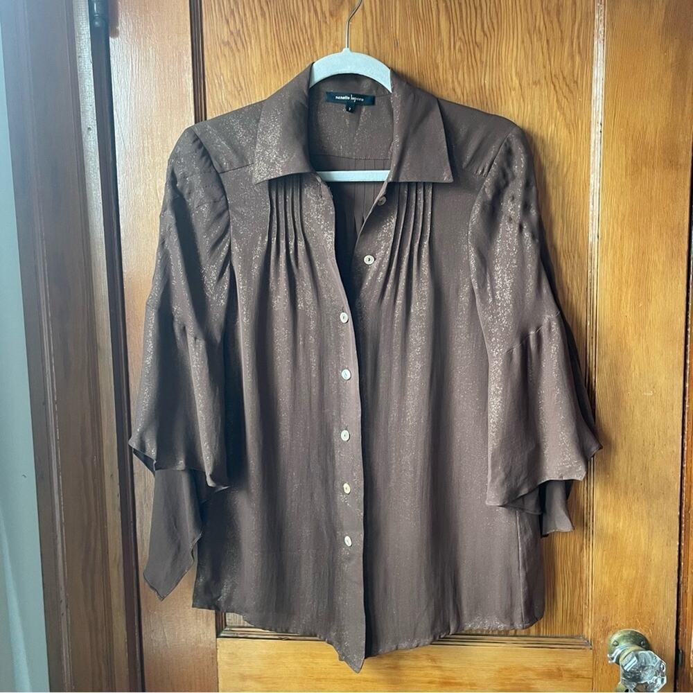 Nanette Lepore Fluted Sleeve Shimmer Brown Button Down Blouse